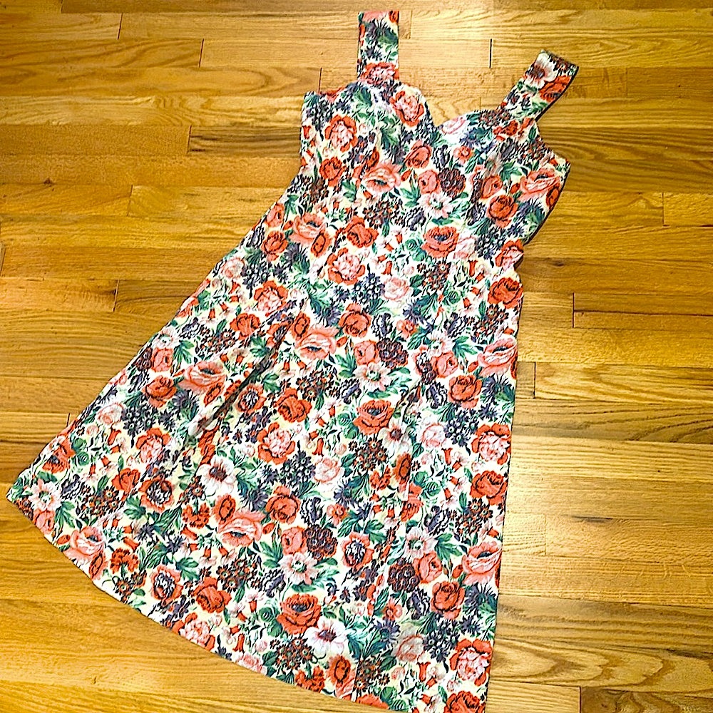 J. Peterman Retro Pink Floral 100% Cotton Midi Dress Sz 12